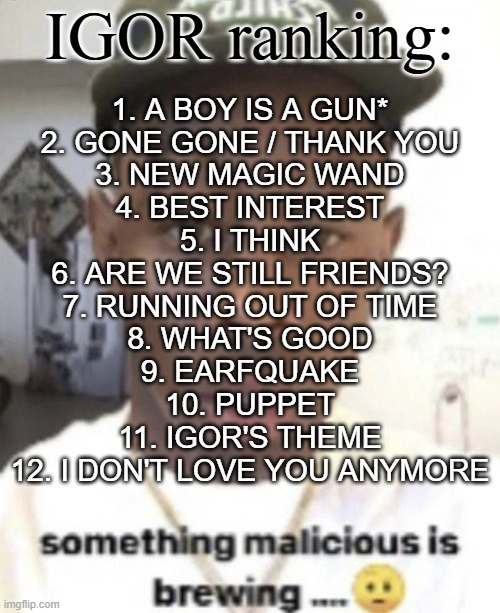 Something malicious is brewing | IGOR ranking:; 1. A BOY IS A GUN*
2. GONE GONE / THANK YOU
3. NEW MAGIC WAND
4. BEST INTEREST
5. I THINK
6. ARE WE STILL FRIENDS?
7. RUNNING OUT OF TIME
8. WHAT'S GOOD
9. EARFQUAKE
10. PUPPET
11. IGOR'S THEME
12. I DON'T LOVE YOU ANYMORE | image tagged in something malicious is brewing | made w/ Imgflip meme maker
