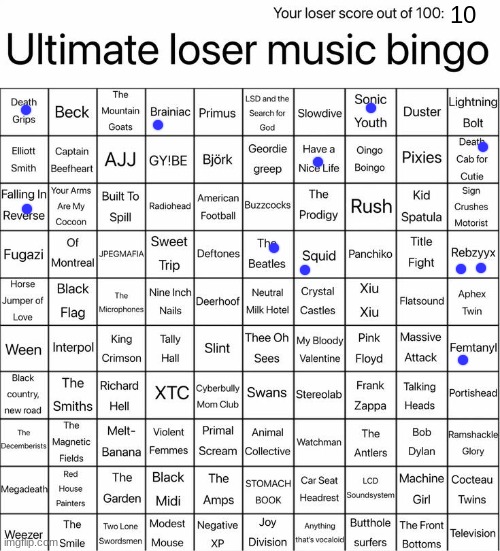 idk lol, big rebzyyx fan though | 10 | image tagged in ultimate loser music bingo | made w/ Imgflip meme maker