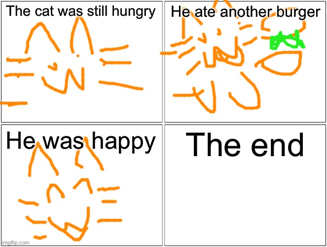 Blank Comic Panel 2x2 Meme | The cat was still hungry; He ate another burger; He was happy; The end | image tagged in memes,blank comic panel 2x2 | made w/ Imgflip meme maker