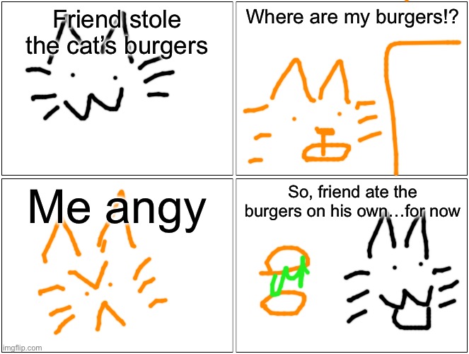Blank Comic Panel 2x2 | Friend stole the cat’s burgers; Where are my burgers!? Me angy; So, friend ate the burgers on his own…for now | image tagged in memes,blank comic panel 2x2 | made w/ Imgflip meme maker