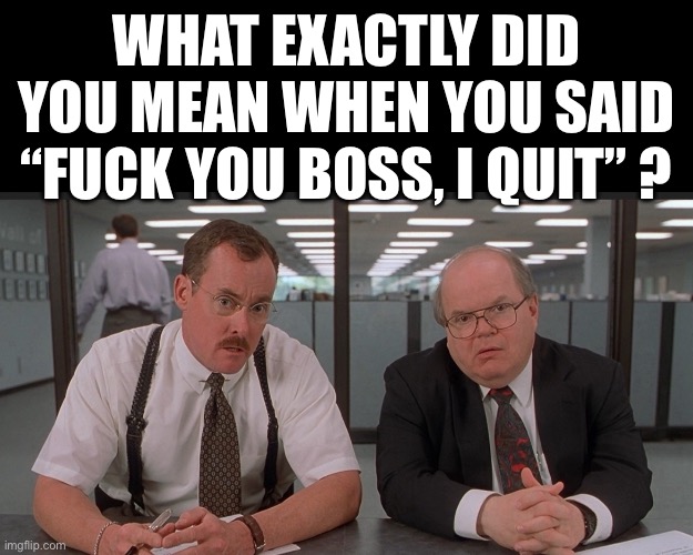 Boss | WHAT EXACTLY DID YOU MEAN WHEN YOU SAID “FUCK YOU BOSS, I QUIT” ? | image tagged in memes | made w/ Imgflip meme maker
