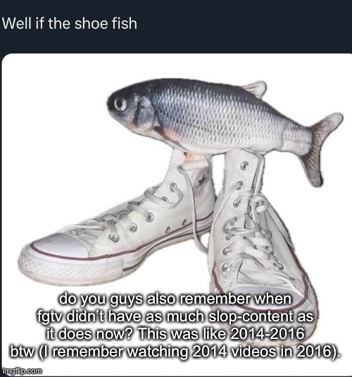 shoe fish | do you guys also remember when fgtv didn’t have as much slop-content as it does now? This was like 2014-2016 btw (I remember watching 2014 videos in 2016). | image tagged in shoe fish | made w/ Imgflip meme maker