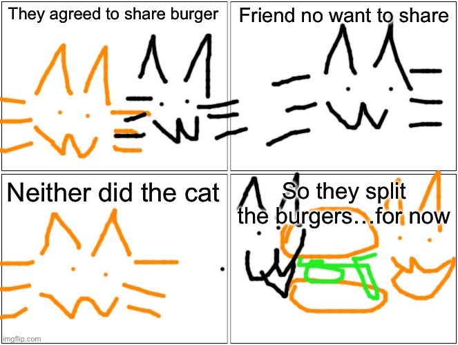 Blank Comic Panel 2x2 | They agreed to share burger; Friend no want to share; Neither did the cat; So they split the burgers…for now | image tagged in memes,blank comic panel 2x2 | made w/ Imgflip meme maker