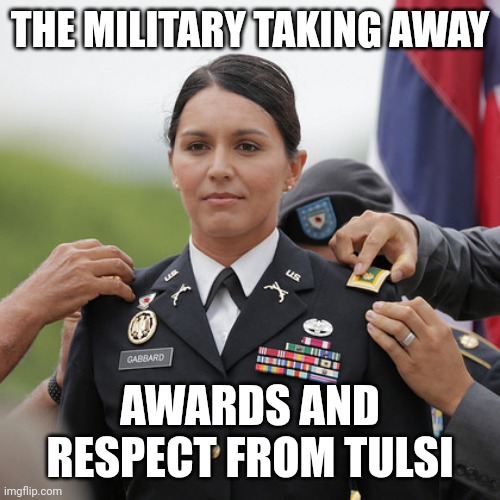 Incompetent. | THE MILITARY TAKING AWAY; AWARDS AND RESPECT FROM TULSI | image tagged in tulsi hero,maga,traitor,incompetence,national security | made w/ Imgflip meme maker