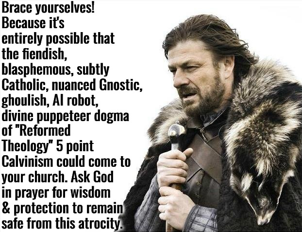 Remain Safe From This Atrocity | Brace yourselves! Because it's entirely possible that the fiendish, blasphemous, subtly Catholic, nuanced Gnostic, ghoulish, AI robot, divine puppeteer dogma; of "Reformed Theology" 5 point Calvinism could come to your church. Ask God in prayer for wisdom & protection to remain safe from this atrocity. | image tagged in calvinism,arminian,molinism,reformed theology 5 point dogma,ai fiendish puppet gnostic gnostic catholic,brace yourselves | made w/ Imgflip meme maker