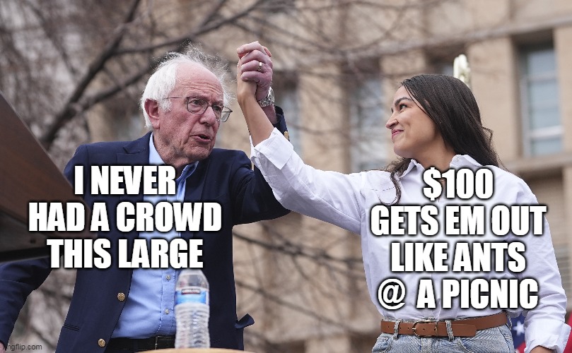 "Job Creators" | I NEVER HAD A CROWD THIS LARGE $100 GETS EM OUT LIKE ANTS @  A PICNIC | image tagged in paid attendees aoc bernie rallies meme | made w/ Imgflip meme maker