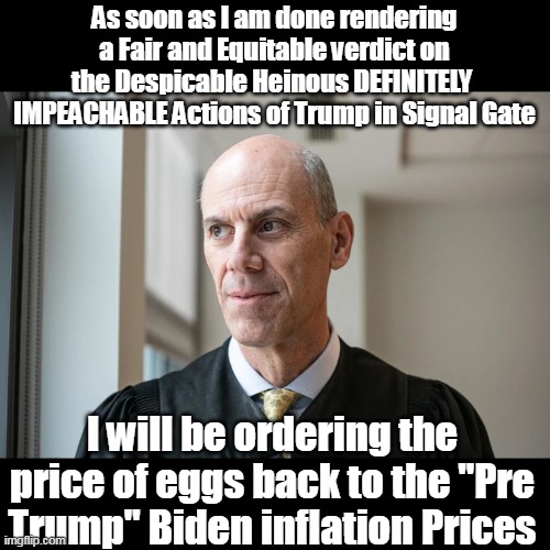 "Randomly Selected" to hear Signal Gate | As soon as I am done rendering a Fair and Equitable verdict on the Despicable Heinous DEFINITELY  IMPEACHABLE Actions of Trump in Signal Gate; I will be ordering the price of eggs back to the "Pre Trump" Biden inflation Prices | image tagged in signal gate boasberg egg prices meme | made w/ Imgflip meme maker