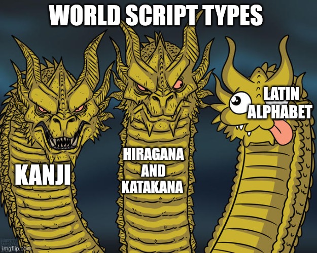 Three-headed Dragon | WORLD SCRIPT TYPES; LATIN ALPHABET; HIRAGANA AND KATAKANA; KANJI | image tagged in three-headed dragon | made w/ Imgflip meme maker