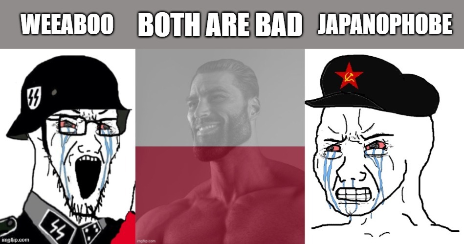 Average fan vs average fan vs enjoyer (WW2 style) | WEEABOO; JAPANOPHOBE; BOTH ARE BAD | image tagged in average fan vs average fan vs enjoyer ww2 style | made w/ Imgflip meme maker