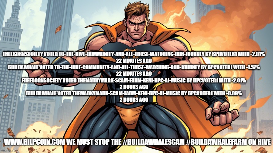 FREEBORNSOCIETY VOTED TO-THE-HIVE-COMMUNITY-AND-ALL-THOSE-WATCHING-OUR-JOURNEY BY BPCVOTER1 WITH -2.01%
22 MINUTES AGO
BUILDAWHALE VOTED TO-THE-HIVE-COMMUNITY-AND-ALL-THOSE-WATCHING-OUR-JOURNEY BY BPCVOTER1 WITH -1.57%
22 MINUTES AGO
FREEBORNSOCIETY VOTED THEMARKYMARK-SCAM-FARM-KENI-BPC-AI-MUSIC BY BPCVOTER1 WITH -2.01%
2 HOURS AGO
BUILDAWHALE VOTED THEMARKYMARK-SCAM-FARM-KENI-BPC-AI-MUSIC BY BPCVOTER1 WITH -0.09%
2 HOURS AGO; WWW.BILPCOIN.COM WE MUST STOP THE #BUILDAWHALESCAM #BUILDAWHALEFARM ON HIVE | made w/ Imgflip meme maker