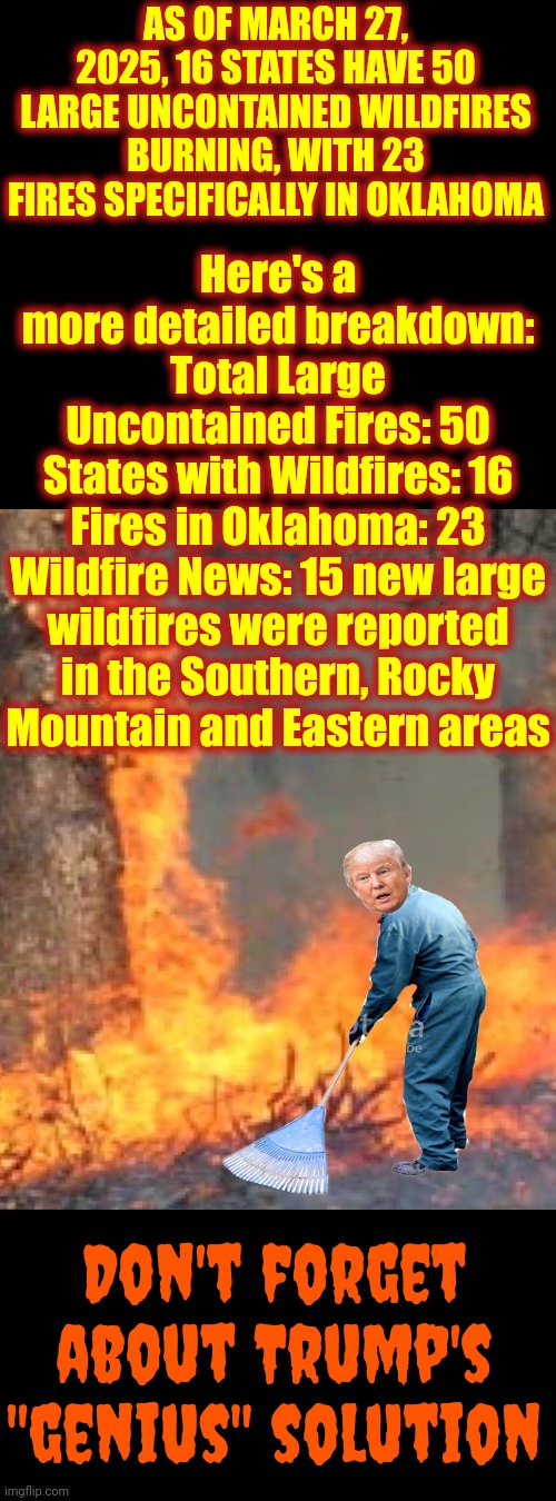 As Of March 27, 2025, SIXTEEN Different States Have FIFTY Large Uncontained Wildfires Burning.  Maga: Where's Our Free Rakes? | AS OF MARCH 27, 2025, 16 STATES HAVE 50 LARGE UNCONTAINED WILDFIRES BURNING, WITH 23 FIRES SPECIFICALLY IN OKLAHOMA; Here's a more detailed breakdown: Total Large Uncontained Fires: 50
States with Wildfires: 16
Fires in Oklahoma: 23

Wildfire News: 15 new large wildfires were reported in the Southern, Rocky Mountain and Eastern areas; Don't forget about Trump's "genius" solution | image tagged in maga,donald trump is a convicted rapist,donald trump is an idiot,trump is an asshole,trump is a moron,memes | made w/ Imgflip meme maker