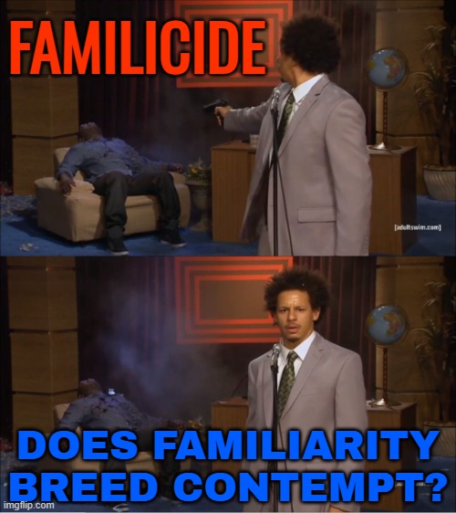 Does Familiarity Breed Contempt? | FAMILICIDE; DOES FAMILIARITY BREED CONTEMPT? | image tagged in memes,who killed hannibal,murder,question,philosophy,inspirational quote | made w/ Imgflip meme maker