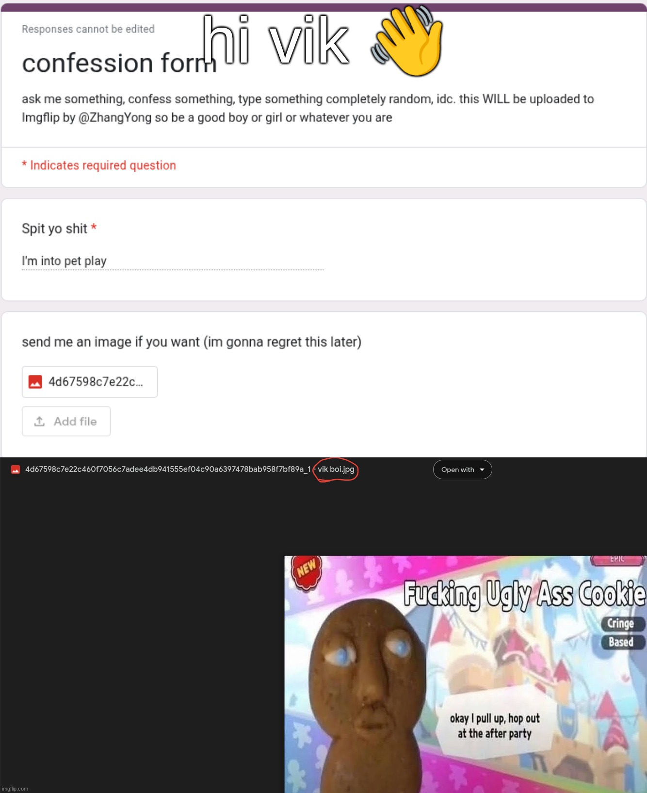 vik reportedly forgot to change the image file name before confirming her submission | hi vik 👋 | made w/ Imgflip meme maker