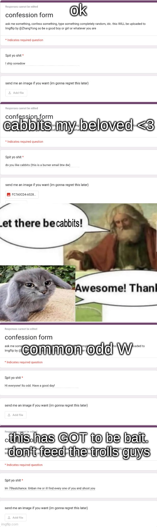 gonna close submissions for now | ok; cabbits my beloved <3; common odd W; this has GOT to be bait. don't feed the trolls guys | made w/ Imgflip meme maker
