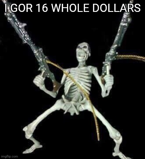 skeleton with guns meme | I GOR 16 WHOLE DOLLARS | image tagged in skeleton with guns meme | made w/ Imgflip meme maker