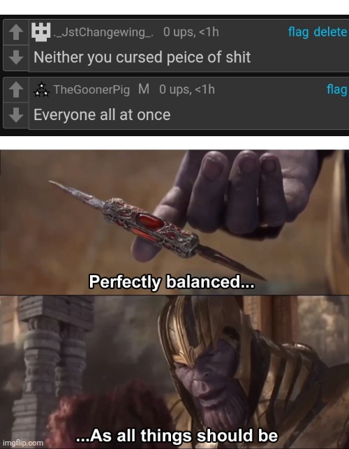 Thanos perfectly balanced as all things should be | image tagged in thanos perfectly balanced as all things should be | made w/ Imgflip meme maker