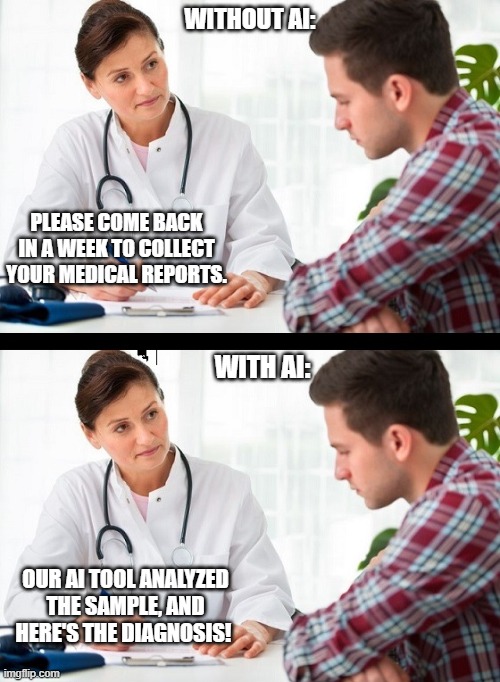 doctor and patient | WITHOUT AI:; PLEASE COME BACK IN A WEEK TO COLLECT YOUR MEDICAL REPORTS. WITH AI:; OUR AI TOOL ANALYZED THE SAMPLE, AND HERE'S THE DIAGNOSIS! | image tagged in doctor and patient | made w/ Imgflip meme maker