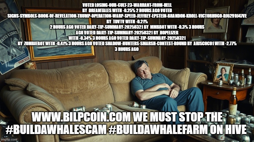 VOTED LOSING-OUR-CULT-23-WARRANT-FROM-HELL BY  DREAMTALES WITH -0.25% 2 HOURS AGO VOTED SIGNS-SYMBOLS-BOOK-OF-REVELATION-TRUMP-OPERATION-WARP-SPEED-JEFFREY-EPSTEIN-BRANDON-KROLL-VICTORHUGO-DJ62VOJ47VE BY  TDVTV WITH -0.21%
2 HOURS AGO VOTED DAILY-TIP-SUMMARY-20250321 BY  MMBBOT WITH -0.3% 3 HOURS AGO VOTED DAILY-TIP-SUMMARY-20250321 BY  HOPELIZER WITH -0.34% 3 HOURS AGO VOTED DAILY-TIP-SUMMARY-20250321 BY  ZOMBIEBOT WITH -0.41% 3 HOURS AGO VOTED SHADOW-HUNTERS-SMARSH-CONTEST-ROUND BY  ARISCOCO1 WITH -2.77%
3 HOURS AGO; WWW.BILPCOIN.COM WE MUST STOP THE #BUILDAWHALESCAM #BUILDAWHALEFARM ON HIVE | made w/ Imgflip meme maker