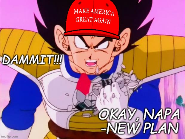Vegeta scouter crush | DAMMIT!!! OKAY, NAPA -NEW PLAN | image tagged in vegeta scouter crush | made w/ Imgflip meme maker