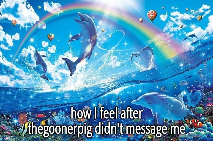Happy dolphin rainbow | how I feel after thegoonerpig didn't message me | image tagged in happy dolphin rainbow | made w/ Imgflip meme maker