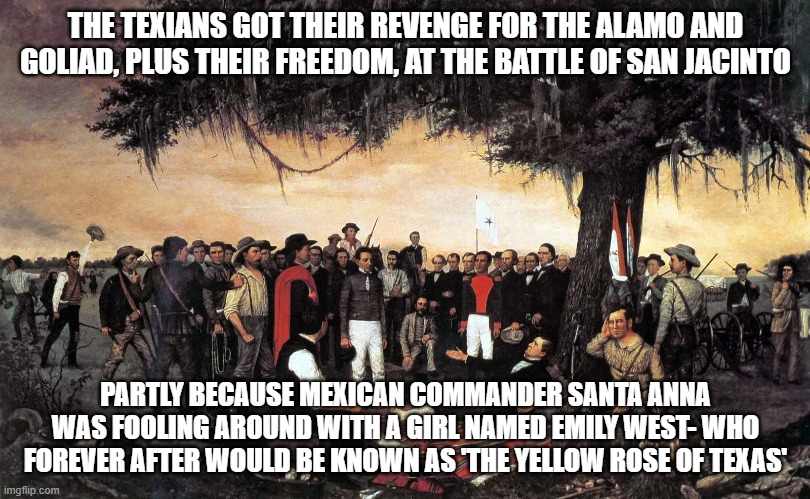 Texas freedom | THE TEXIANS GOT THEIR REVENGE FOR THE ALAMO AND GOLIAD, PLUS THEIR FREEDOM, AT THE BATTLE OF SAN JACINTO; PARTLY BECAUSE MEXICAN COMMANDER SANTA ANNA WAS FOOLING AROUND WITH A GIRL NAMED EMILY WEST- WHO FOREVER AFTER WOULD BE KNOWN AS 'THE YELLOW ROSE OF TEXAS' | made w/ Imgflip meme maker