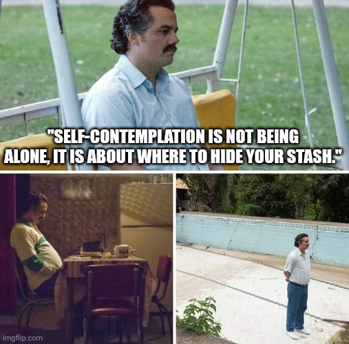 A deal | "SELF-CONTEMPLATION IS NOT BEING ALONE, IT IS ABOUT WHERE TO HIDE YOUR STASH." | image tagged in memes,sad pablo escobar | made w/ Imgflip meme maker