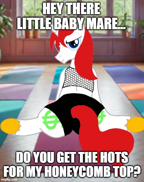 Do You Get The Hots For L Money's Honeycomb Top? | HEY THERE LITTLE BABY MARE... DO YOU GET THE HOTS FOR MY HONEYCOMB TOP? | image tagged in l money yoga seduction 2,l money,mlp fim,my little pony,brony | made w/ Imgflip meme maker