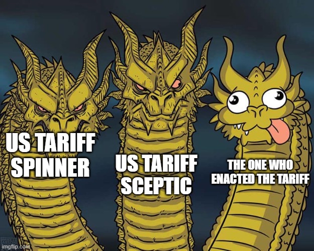 Three dragons | US TARIFF SCEPTIC; US TARIFF SPINNER; THE ONE WHO ENACTED THE TARIFF | image tagged in three dragons | made w/ Imgflip meme maker