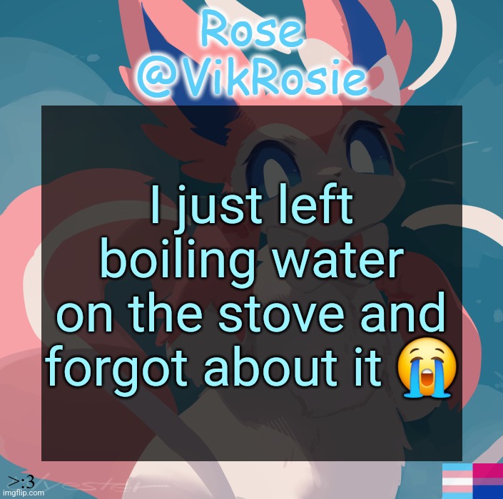 Vik's Sylveon Temp | I just left boiling water on the stove and forgot about it 😭 | image tagged in vik's sylveon temp | made w/ Imgflip meme maker