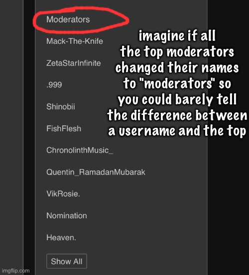 would be funny fr... and wild | imagine if all the top moderators changed their names to "moderators" so you could barely tell the difference between a username and the top | made w/ Imgflip meme maker