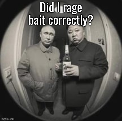 Acid_Freak you’re fine. Lmao. Got you. | Did I rage bait correctly? | image tagged in kim jong un at your door feat vladimir putin | made w/ Imgflip meme maker
