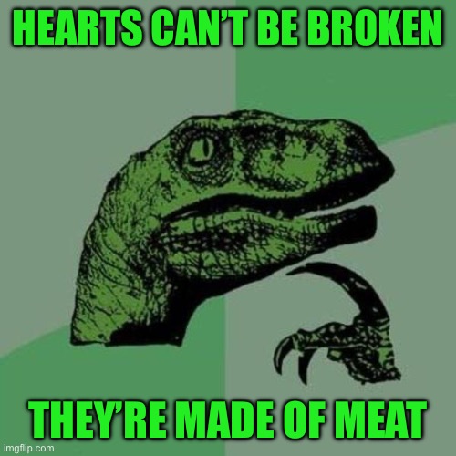 raptor | HEARTS CAN’T BE BROKEN; THEY’RE MADE OF MEAT | image tagged in raptor | made w/ Imgflip meme maker