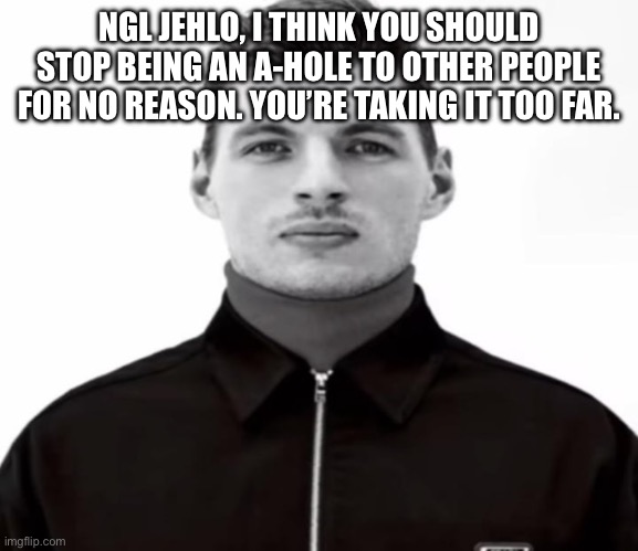 Dude you need to chill out. | NGL JEHLO, I THINK YOU SHOULD STOP BEING AN A-HOLE TO OTHER PEOPLE FOR NO REASON. YOU’RE TAKING IT TOO FAR. | image tagged in black and white max verstappen | made w/ Imgflip meme maker