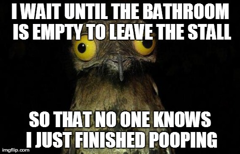 Weird Stuff I Do Potoo Meme | I WAIT UNTIL THE BATHROOM IS EMPTY TO LEAVE THE STALL SO THAT NO ONE KNOWS I JUST FINISHED POOPING | image tagged in memes,weird stuff i do potoo,AdviceAnimals | made w/ Imgflip meme maker