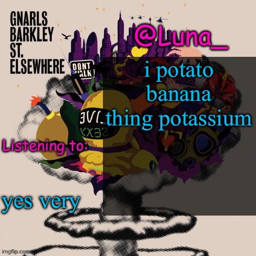 Luna's St. Elsewhere template | i potato banana thing potassium; yes very | image tagged in luna's st elsewhere template | made w/ Imgflip meme maker