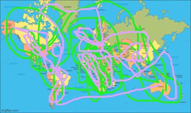 its hard to find Freddie Schrödinger and Liberty Harvey when they've been around the world | image tagged in world map | made w/ Imgflip meme maker