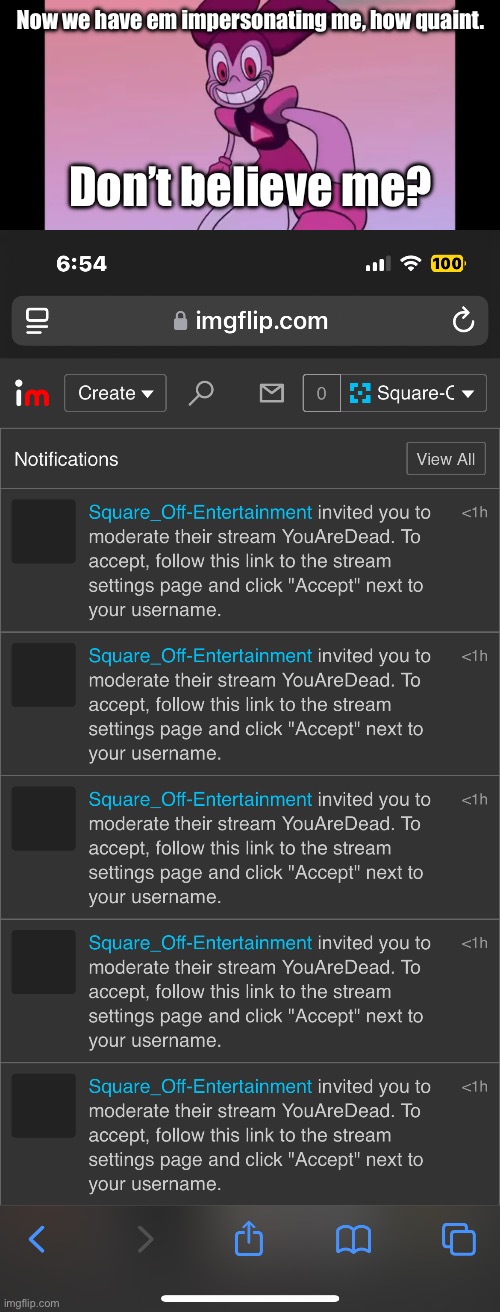 Now this is wrong. | Now we have em impersonating me, how quaint. Don’t believe me? | image tagged in spinel staring at you | made w/ Imgflip meme maker