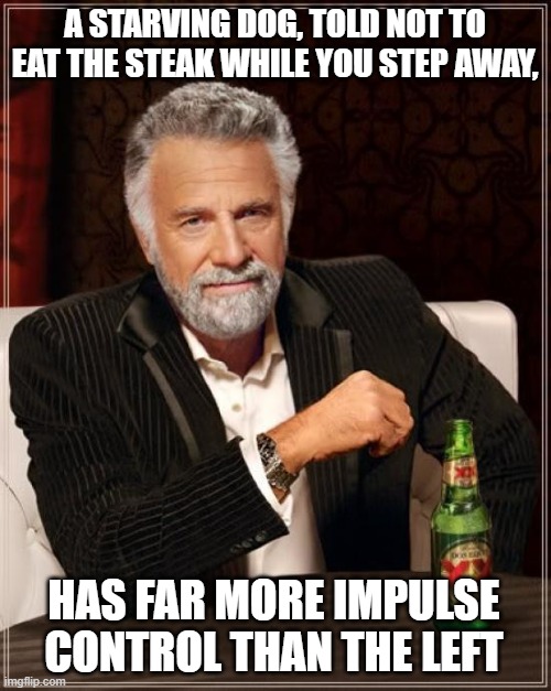 The Most Interesting Man In The World | A STARVING DOG, TOLD NOT TO EAT THE STEAK WHILE YOU STEP AWAY, HAS FAR MORE IMPULSE CONTROL THAN THE LEFT | image tagged in memes,the most interesting man in the world | made w/ Imgflip meme maker