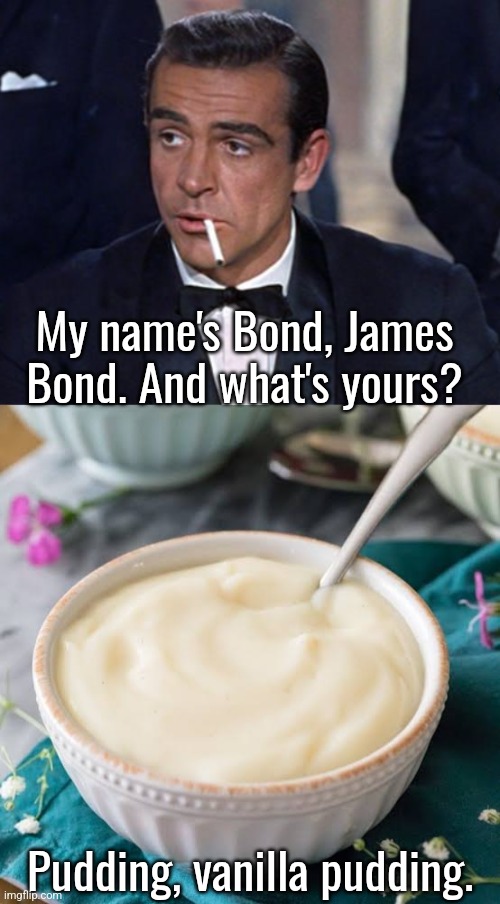 My name's Bond, James Bond. And what's yours? Pudding, vanilla pudding. | image tagged in james bond | made w/ Imgflip meme maker