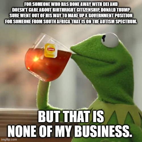 Trump Logic | FOR SOMEONE WHO HAS DONE AWAY WITH DEI AND DOESN'T CARE ABOUT BIRTHRIGHT CITIZENSHIP, DONALD TRUMP SURE WENT OUT OF HIS WAY TO MAKE UP A GOVERNMENT POSITION FOR SOMEONE FROM SOUTH AFRICA THAT IS ON THE AUTISM SPECTRUM. BUT THAT IS NONE OF MY BUSINESS. | image tagged in memes,but that's none of my business,kermit the frog | made w/ Imgflip meme maker