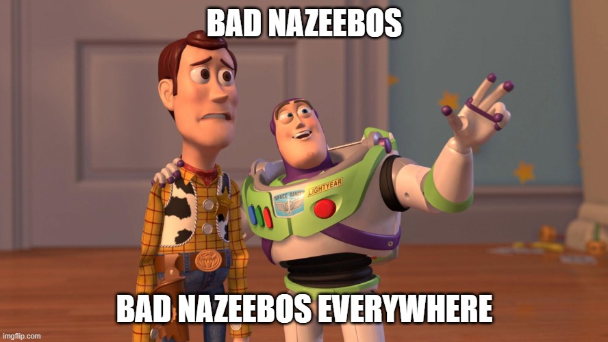 Woody and Buzz Lightyear Everywhere Widescreen | BAD NAZEEBOS; BAD NAZEEBOS EVERYWHERE | image tagged in woody and buzz lightyear everywhere widescreen | made w/ Imgflip meme maker