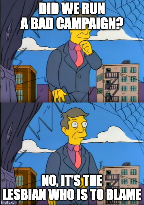 Skinner Out Of Touch | DID WE RUN A BAD CAMPAIGN? NO, IT'S THE LESBIAN WHO IS TO BLAME | image tagged in skinner out of touch | made w/ Imgflip meme maker