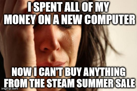 First World Problems Meme | I SPENT ALL OF MY MONEY ON A NEW COMPUTER NOW I CAN'T BUY ANYTHING FROM THE STEAM SUMMER SALE | image tagged in memes,first world problems | made w/ Imgflip meme maker