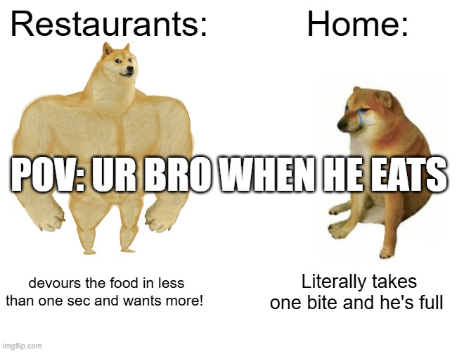 ITs true tho | Restaurants:; Home:; POV: UR BRO WHEN HE EATS; devours the food in less than one sec and wants more! Literally takes one bite and he's full | image tagged in memes,buff doge vs cheems | made w/ Imgflip meme maker