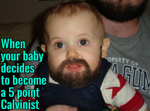 Bearded Calvi Baby | When your baby decides to become a 5 point Calvinist | image tagged in beard baby,calvinism,arminian,molinism,reformed theology 5 point calvinists,ai subtly catholic divine puppet show | made w/ Imgflip meme maker