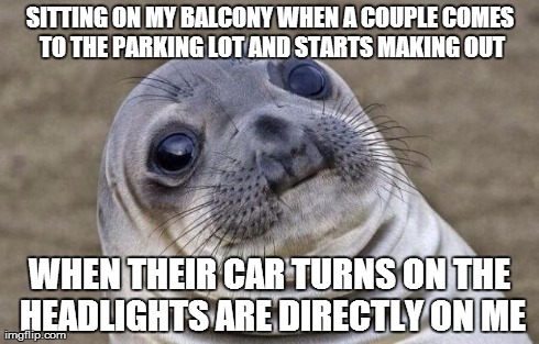 Awkward Moment Sealion | SITTING ON MY BALCONY WHEN A COUPLE COMES TO THE PARKING LOT AND STARTS MAKING OUT WHEN THEIR CAR TURNS ON THE HEADLIGHTS ARE DIRECTLY ON ME | image tagged in memes,awkward moment sealion,AdviceAnimals | made w/ Imgflip meme maker