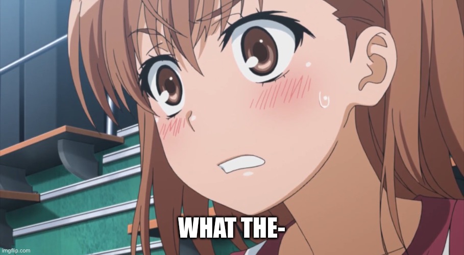 Embarrassed Mikoto Template 1 | WHAT THE- | image tagged in embarrassed mikoto template 1 | made w/ Imgflip meme maker