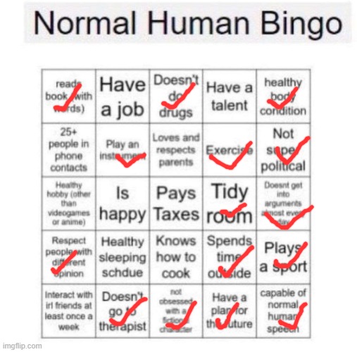 Normal human bingo | image tagged in normal human bingo | made w/ Imgflip meme maker