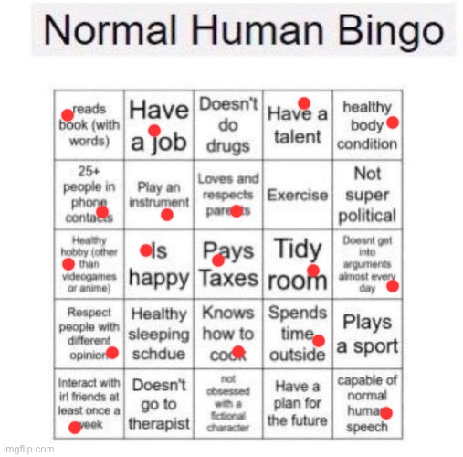 Idk why therapy isn’t considered normal but alright | image tagged in normal human bingo | made w/ Imgflip meme maker