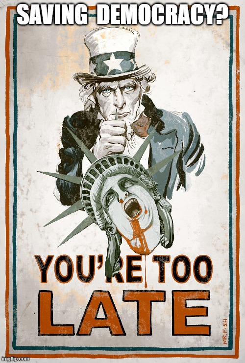Too Late Now, Baby | SAVING  DEMOCRACY? | image tagged in crying democrats | made w/ Imgflip meme maker